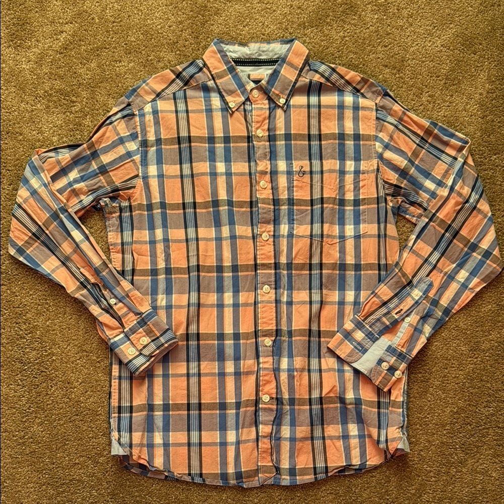 Salmon and Blue Plaid Casual Button Down Shirt